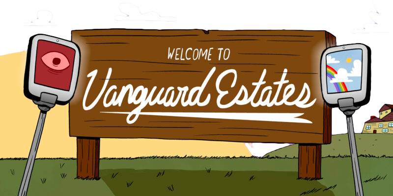 A sign reads 'Welcome to Vanguard Estates'. A pair of robots stands on either side of the sign.